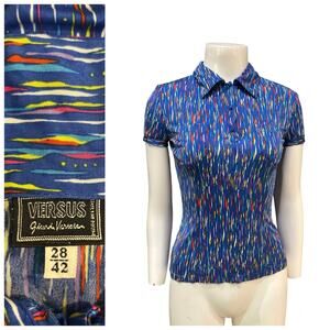 RARE Vintage Versus Gianni Versace Blue Abstract Polo Fitted Shirt Top XS/S -